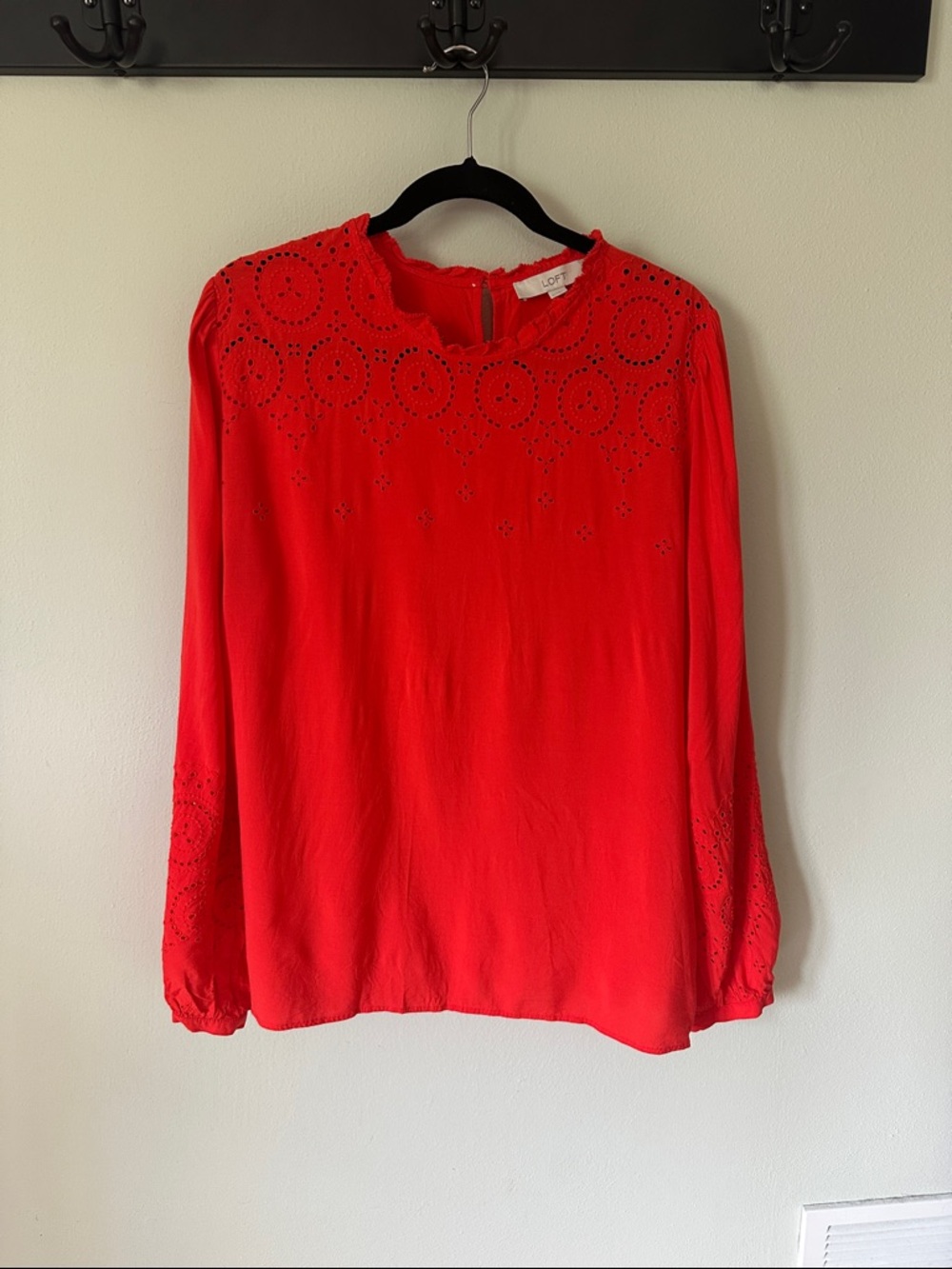 LOFT Orange-Red Eyelet-Detail Long Sleeve Blouse